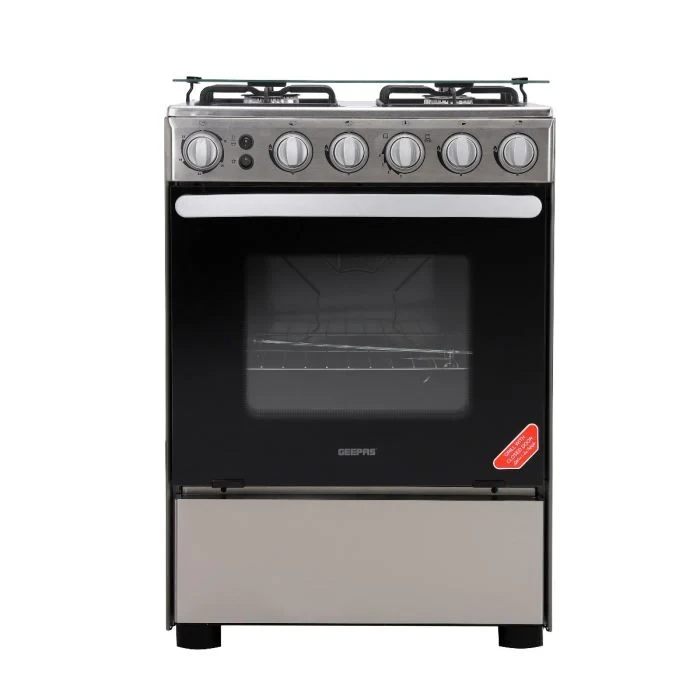 Geepas GCR6058 Cooking Range, 60x60cm, features 4 gas burners with electric ignition, an oven with lamp, timer, and rotisserie, all housed in a stainless steel unit with double glass doors.