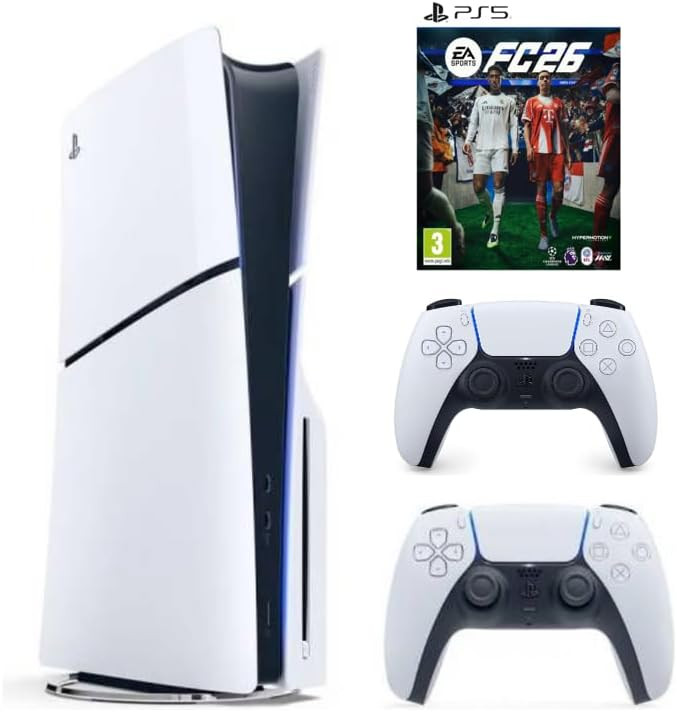 Sony PlayStation 5 Slim model from 2023 that includes a disc drive, the FC26 component, and an additional white DualSense controller. It's the international version with a 1TB solid state drive and su