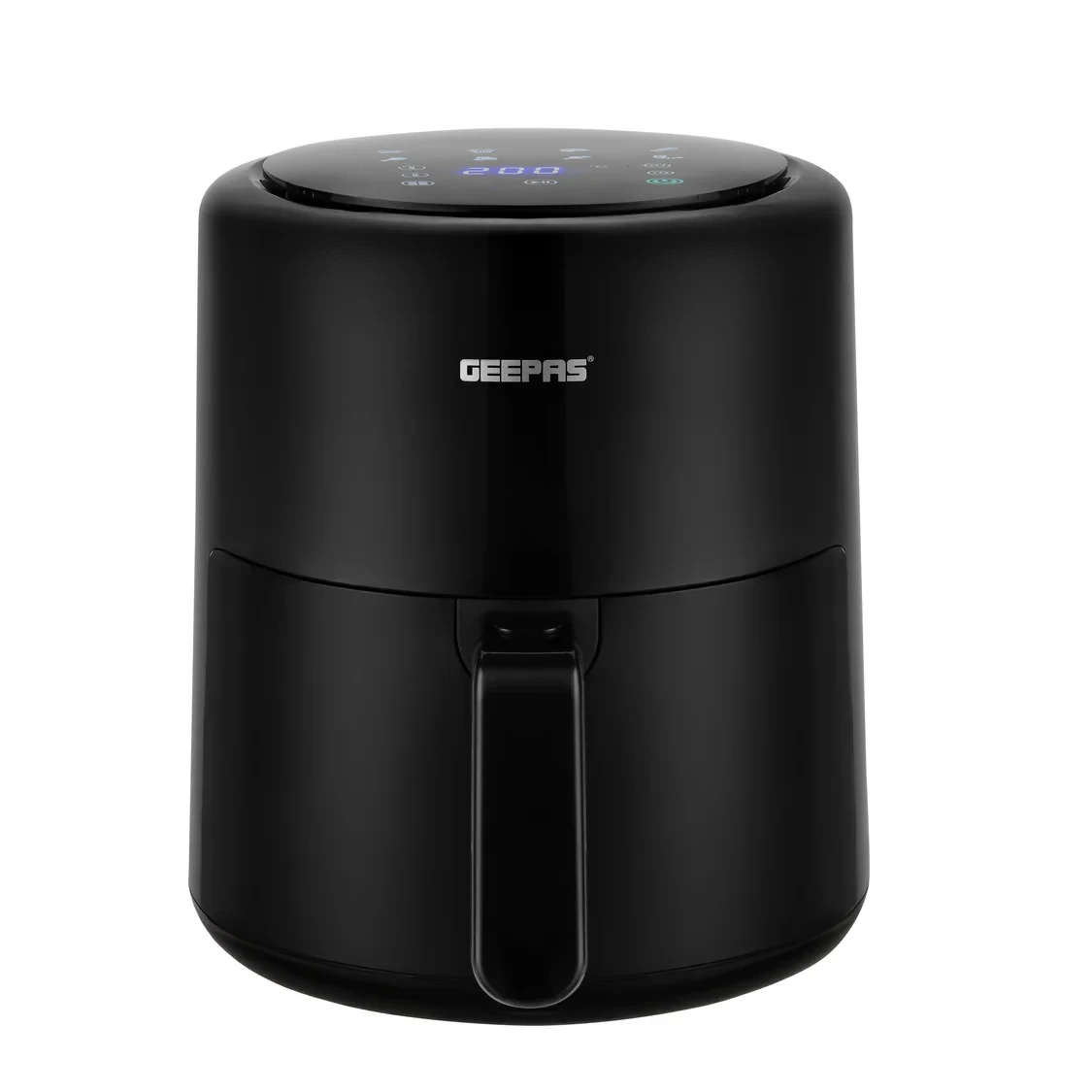 Geepas Digital Air Fryer GAF37512T with a 4.0L capacity, featuring Vortex Air Frying Technology, a 60-minute timer, temperature control ranging from 80 to 200 degrees Celsius, a touch screen interface