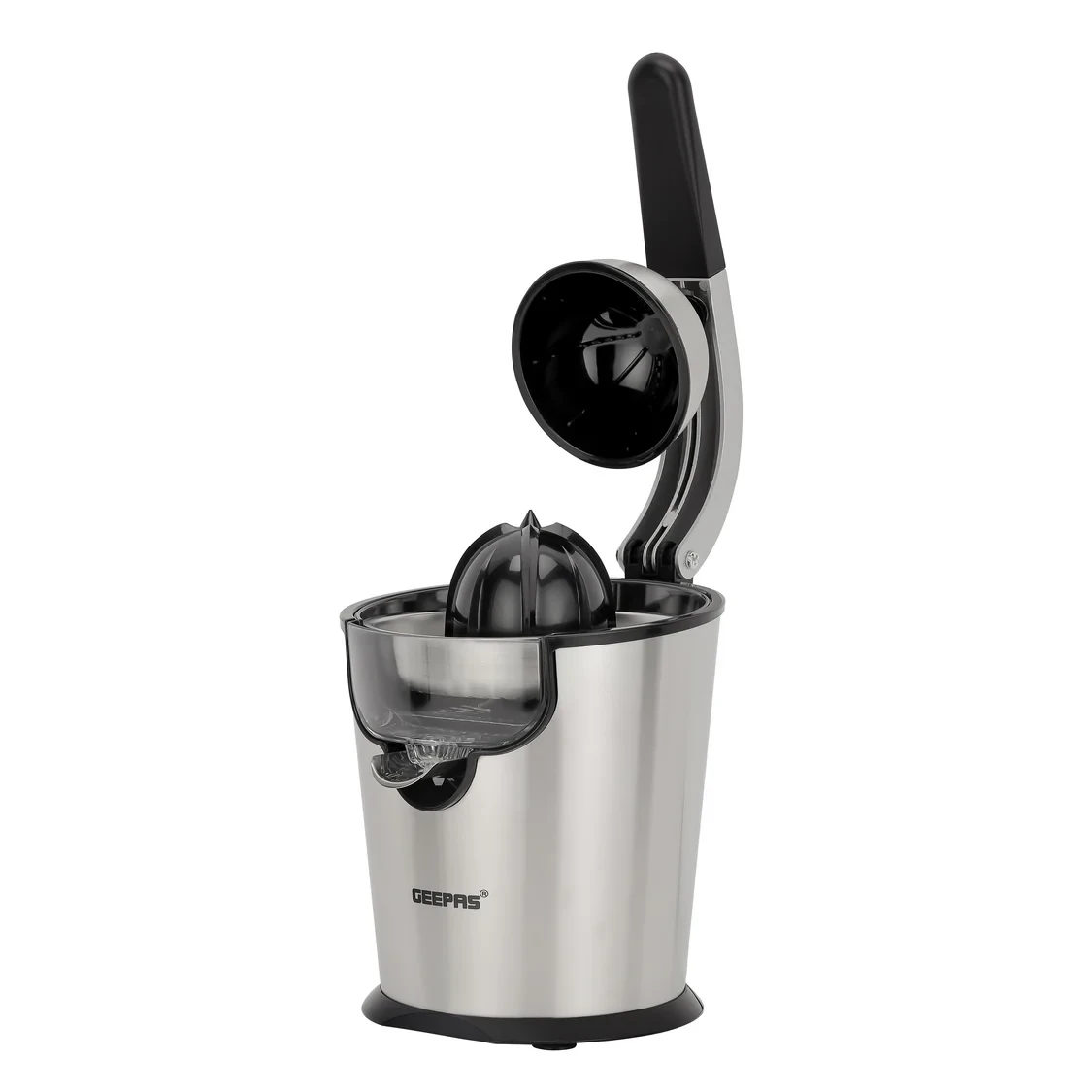 Geepas GCJ46018 Stainless Steel Citrus Juicer features a deluxe stainless steel body, an aluminum die-casting handle, and comes in a metallic silver color. It's perfect for making orange and lemon jui