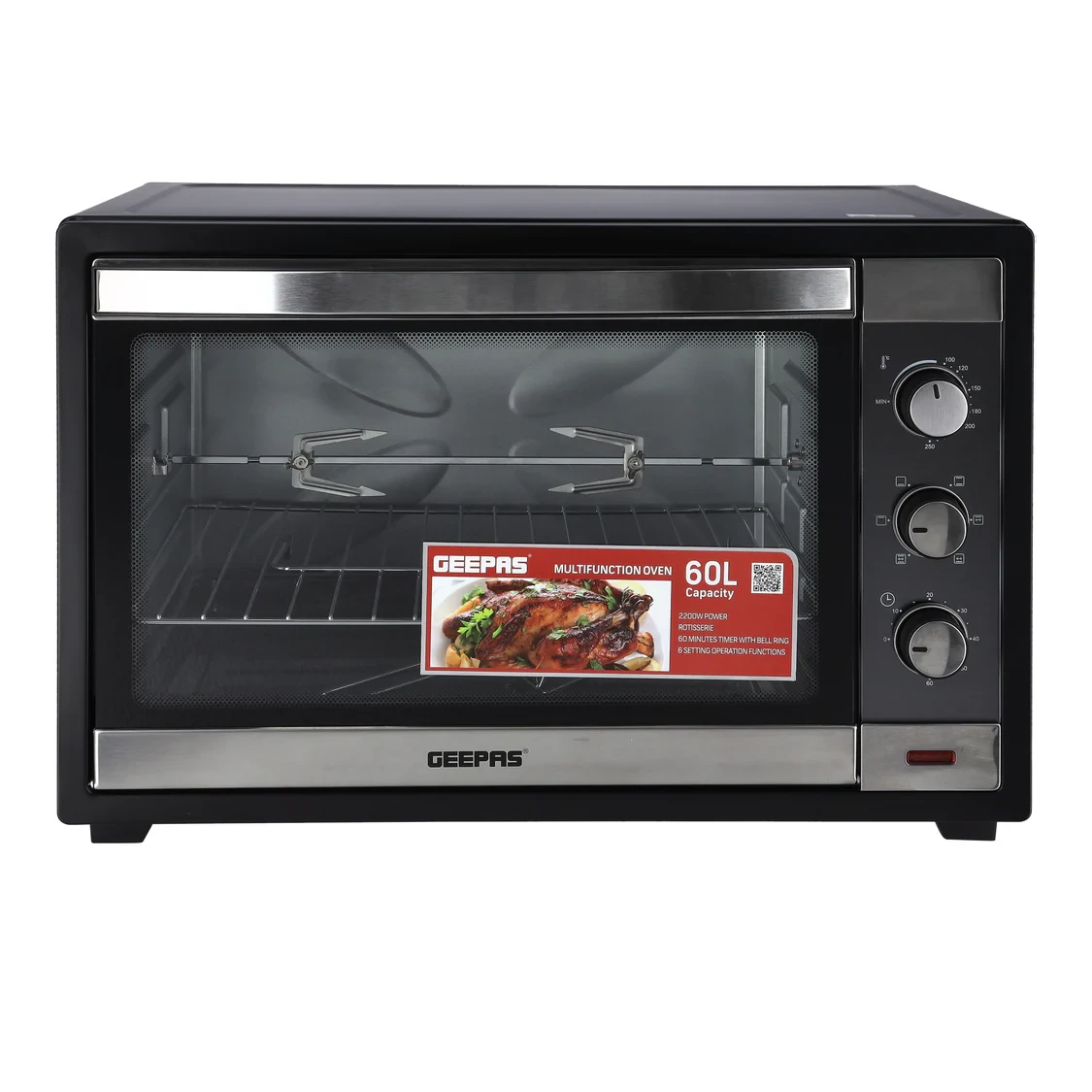 Geepas Electric Oven GO4459 with a 60-liter capacity, 2000 watts power, rotisserie function, adjustable temperature control, and a durable, efficient design.