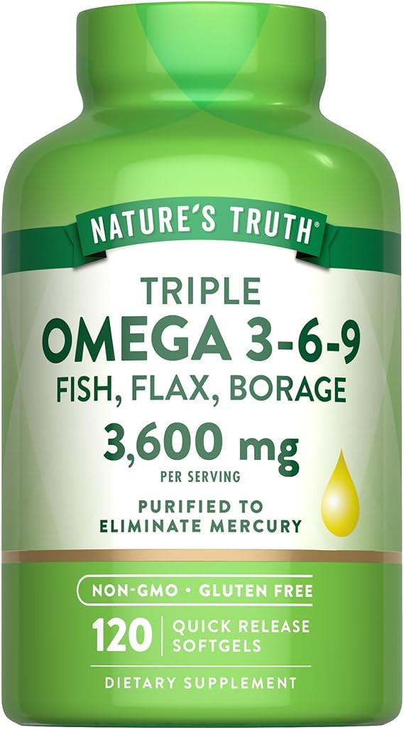 Nature's Truth Omega 3-6-9 Softgels | 3600mg | 120 Count | Fish, Flax, and Borage Oil | Triple Strength | Non-GMO & Gluten Free Supplement