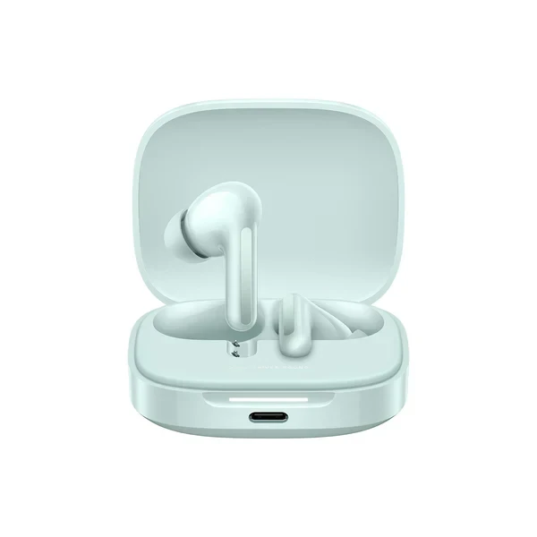 Xiaomi Redmi Buds 6 in coral green are true wireless in-ear Bluetooth headphones that feature dual drivers, noise cancellation, and a long battery life.