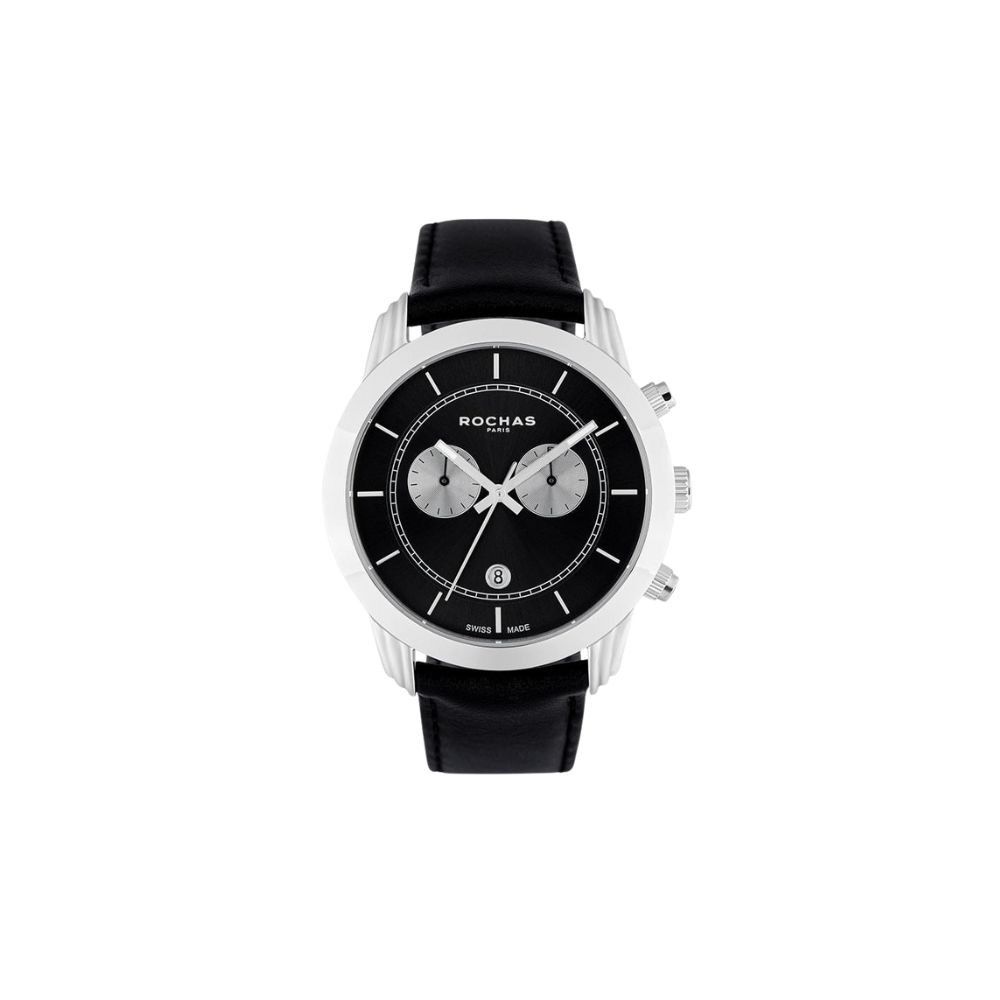 Rochas Paris Men's Quartz Watch with Black Dial and Leather Strap