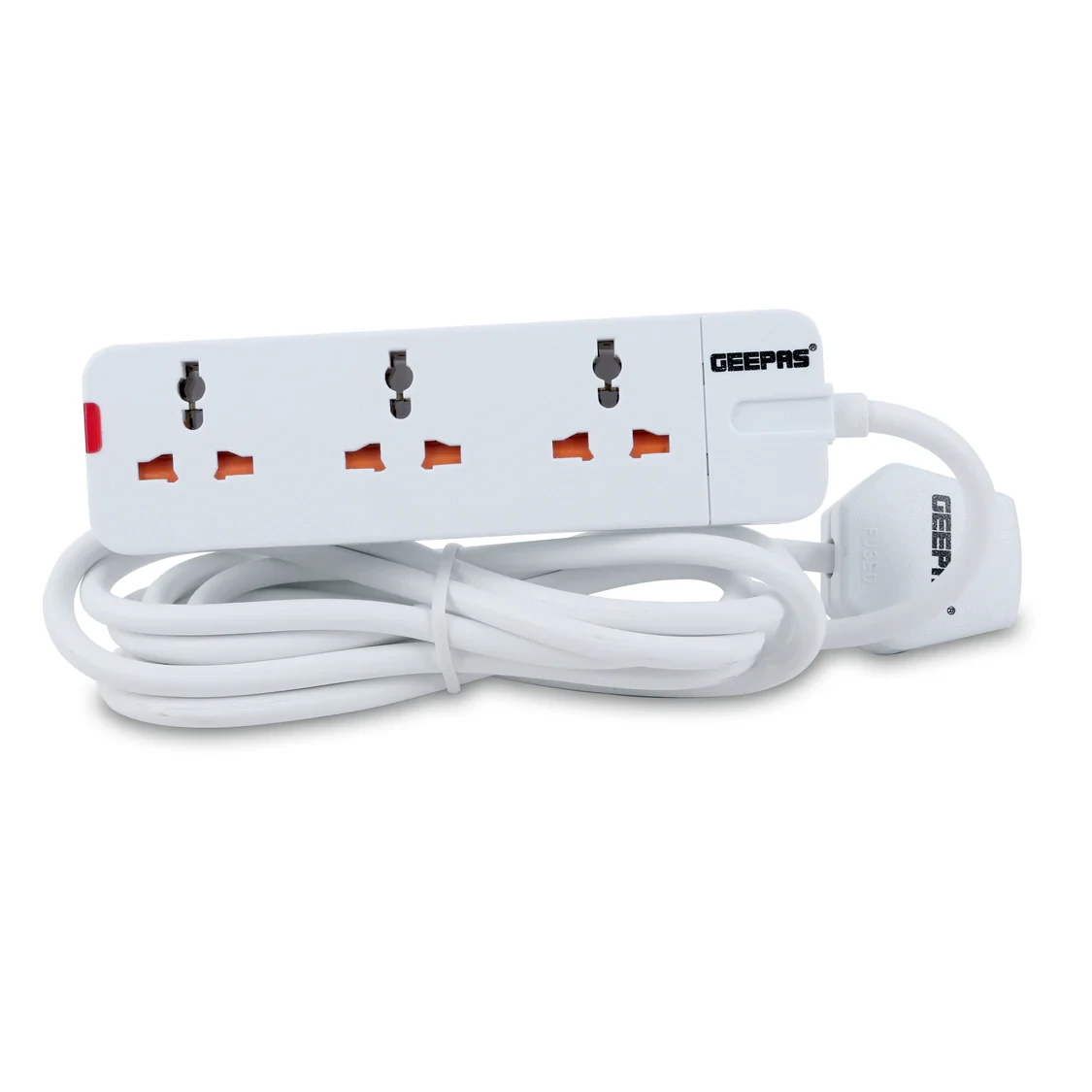 Geepas 3 Way Extension Socket with 13A, allowing you to charge multiple devices at once, featuring child safety covers for added protection, a 3-meter long power cord for extended reach, and built-in