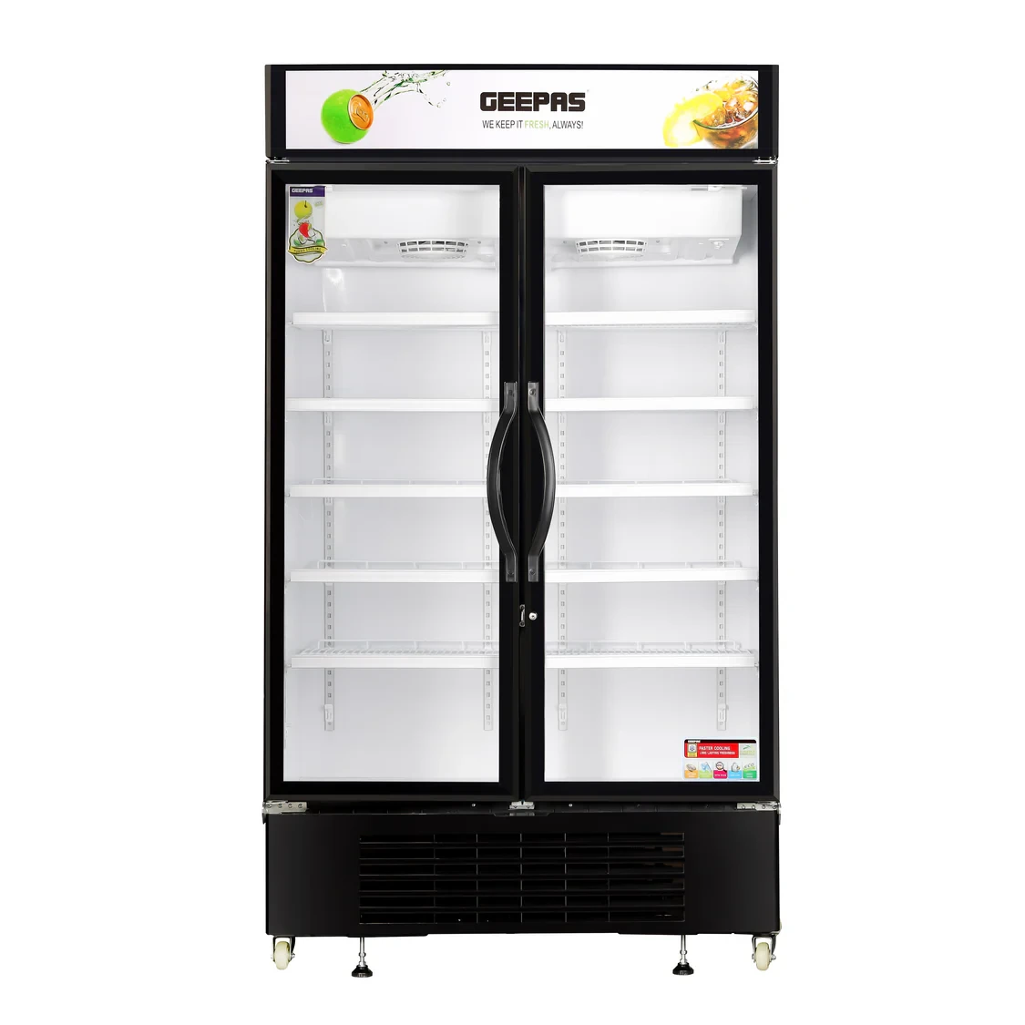 Geepas Upright Showcase Chiller GSC1222CN 1200L Large Capacity Display Fridge LED Light malleable Thermostat No Frost Cooling System bus ending Door Lock & Key