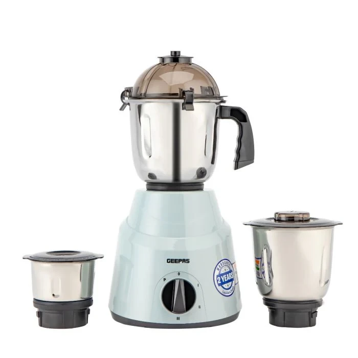 Geepas 3-in-1 Mixer Grinder GSB44100 comes with a strong 800W motor. It has three stainless steel jars with capacities of 1.5 liters, 1.0 liters, and 0.5 liters.