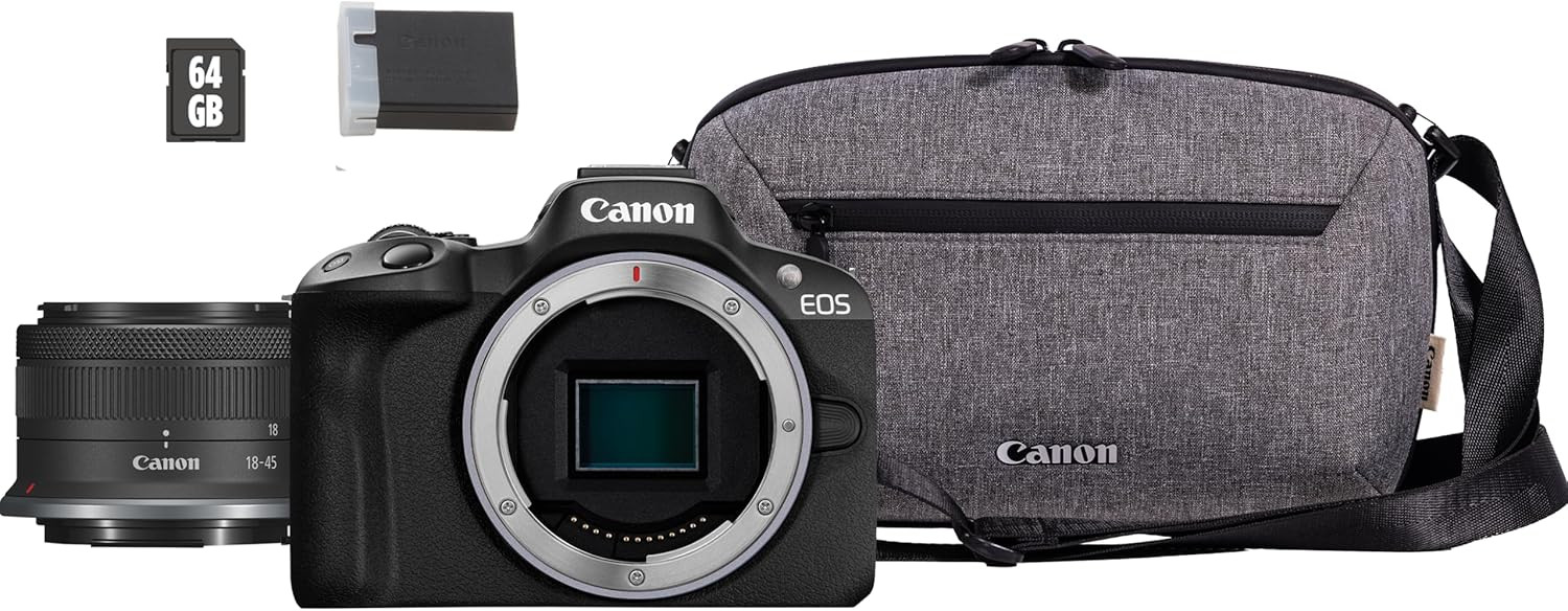 Canon EOS R50 Mirrorless Camera, Black + RF-S 18-45mm F4.5-6.3 IS STM Lens + Backpack + SD Card