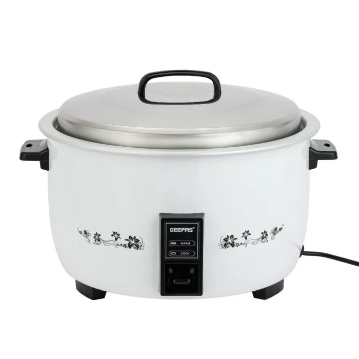 Geepas Commercial Rice Cooker GRC4321 – 4.2-liter capacity, 1600 watts power, built to last, comes with cook and keep warm functions, and features a stainless steel lid.