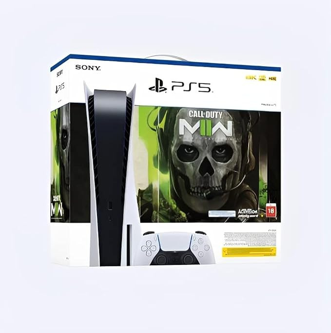 Sony PlayStation 5 console along with Call of Duty Modern Warfare II game for UK version, comes with a 1TB SSD, supports 4K gaming, and includes a DualSense Wireless Controller.