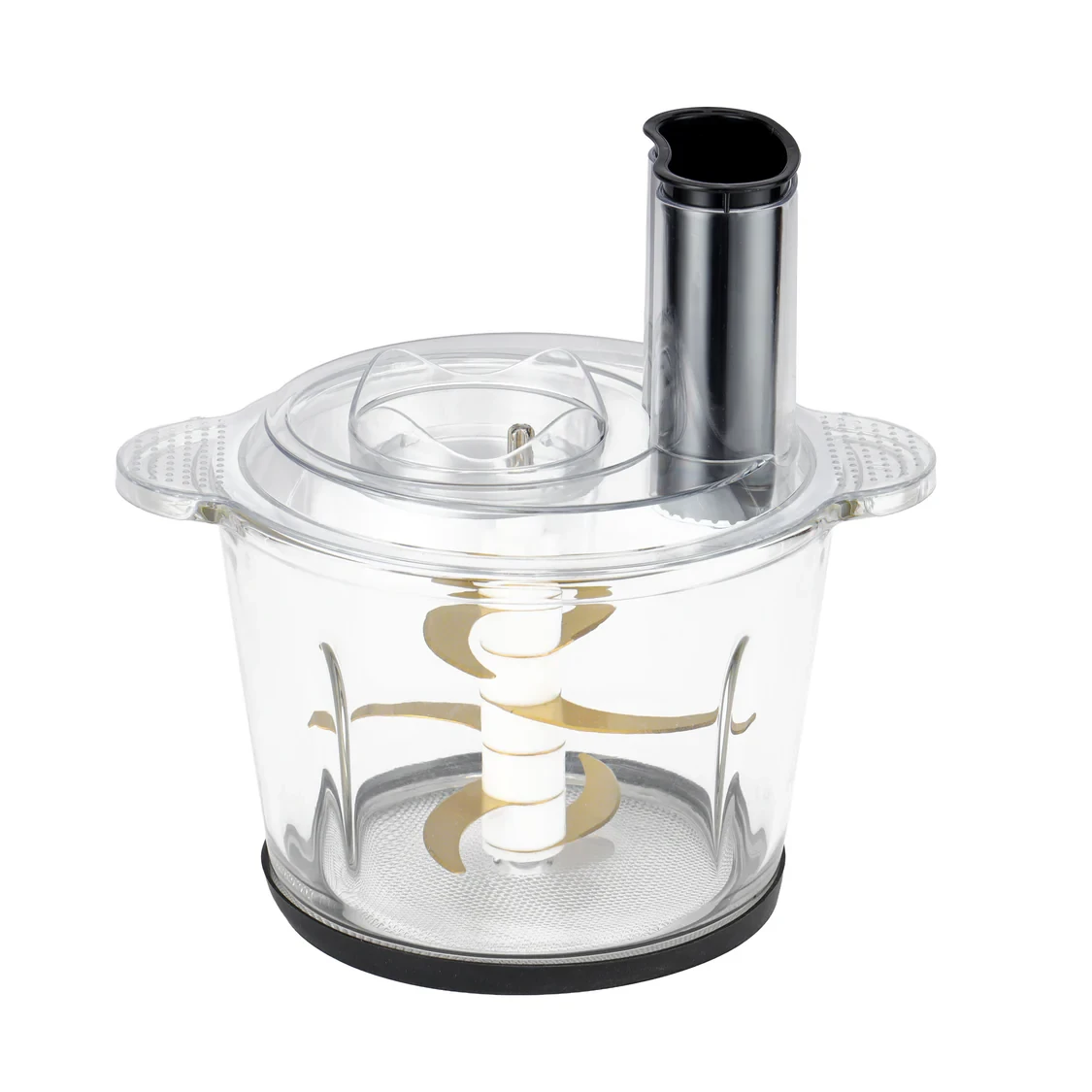 Geepas Digital 5-in-1 Food Processor GMC42034 – 500 watts, 3-liter glass bowl, stainless steel gears, titanium blades, six attachments, and touch control.