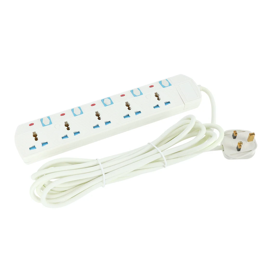 Geepas 5-way extension socket with 5 LED lights that show when each outlet is powered. Each socket has its own switch to turn it on or off. It comes with a long 5-meter cable. It also has protection a