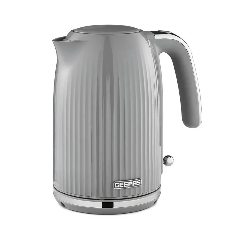 Geepas K.7L Fluted Grey Jug Kettle GK38068UK-GR, 3000W rapid boil, 360-degree cordless base, auto shut-off and boil-dry protection, elegant design.