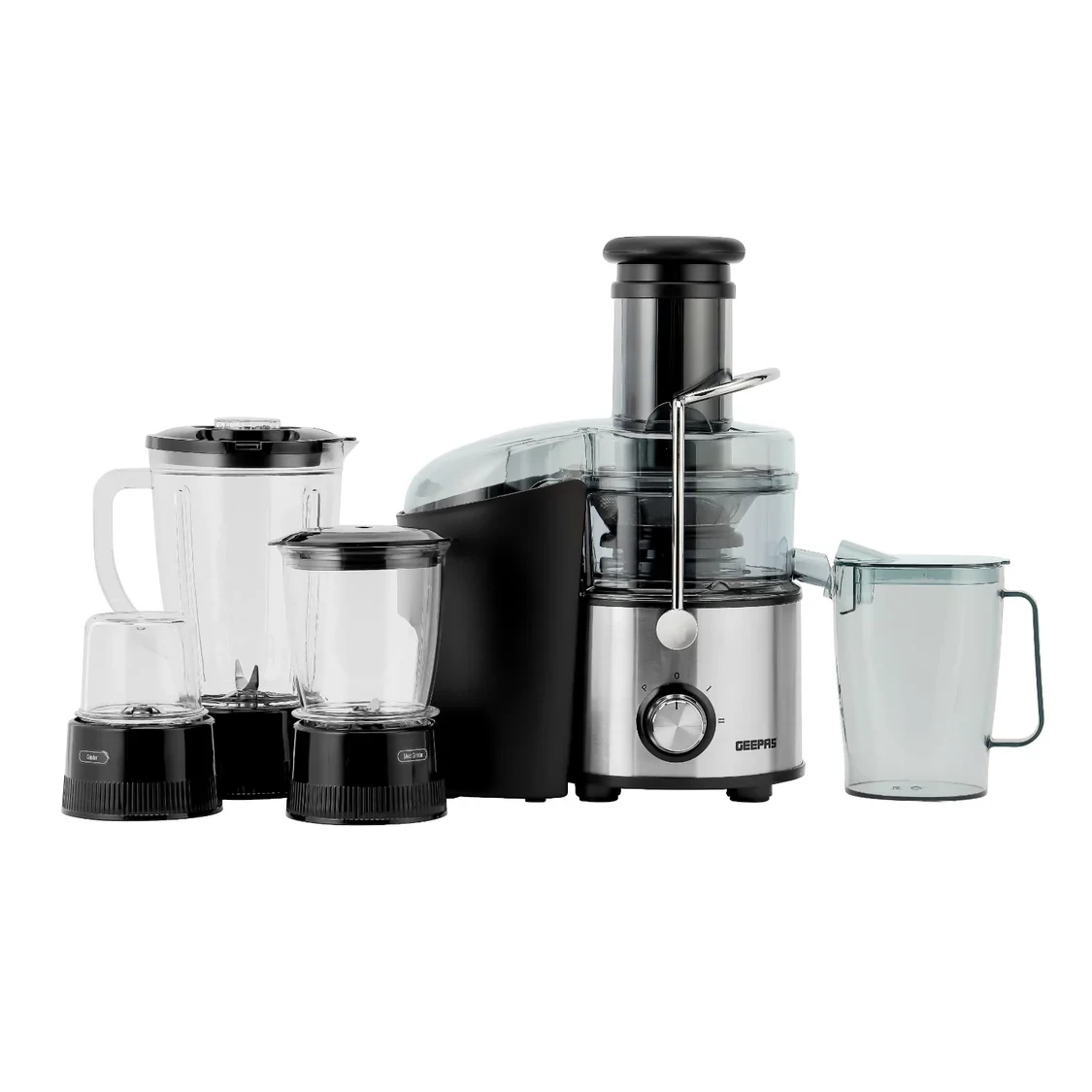 Geepas 4-in-1 stainless steel blender and juice extractor model GSB44016 comes with a 800W strong motor, two speed settings including a pulse function, a 1.5L blending jar, a 1.1L juice cup, and a 2L 