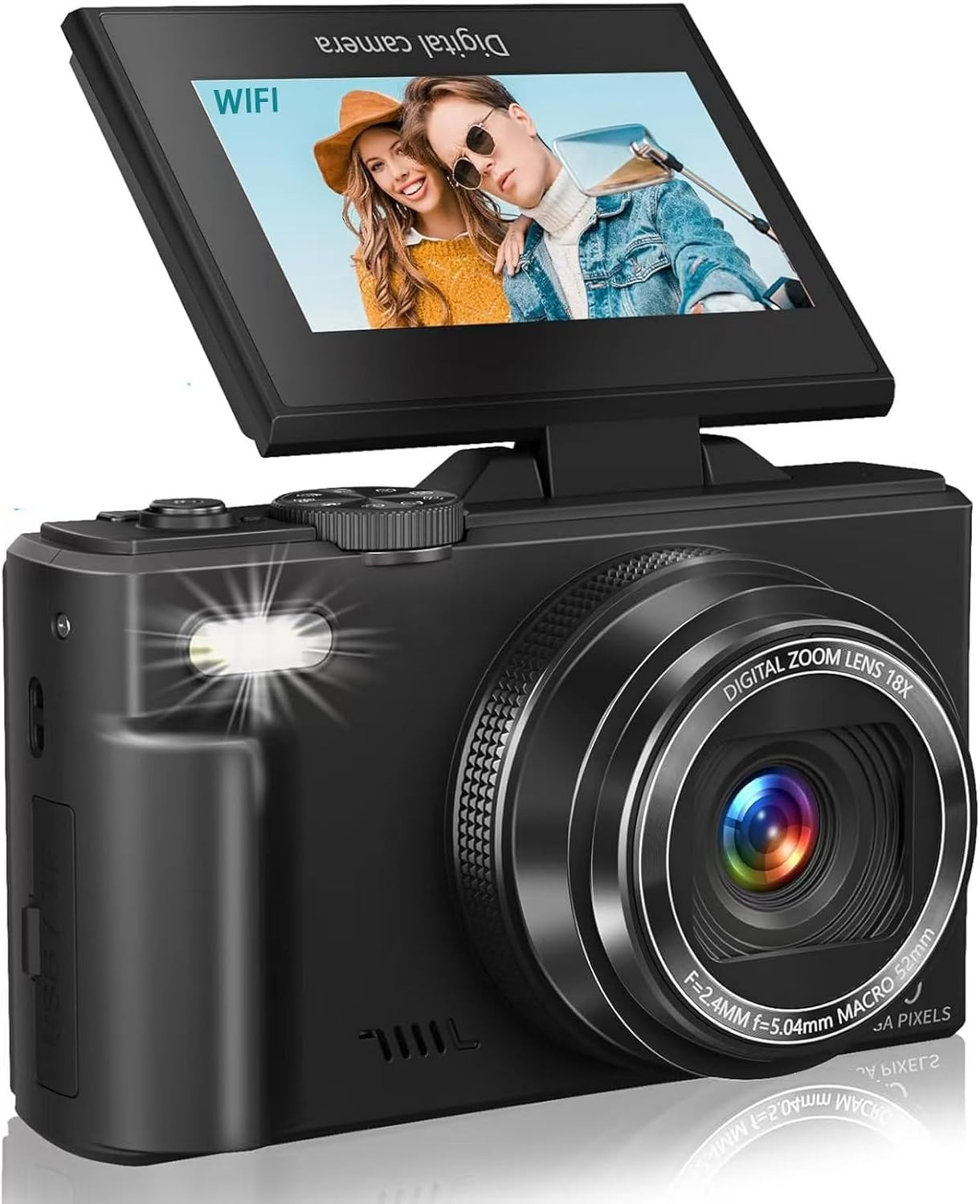5K Digital Camera, WiFi 75MP Digital Point and Shoot Camera with 18X Zoom Anti Shake, 3" 180°Flip Screen Compact Travel Camera with Flash for Adult Beginner
