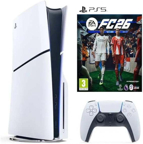 Sony PlayStation 5 Slim Disc Edition Console (2023) with FC26 Bundle – International Version, 1TB Solid State Drive, 4K Gaming.