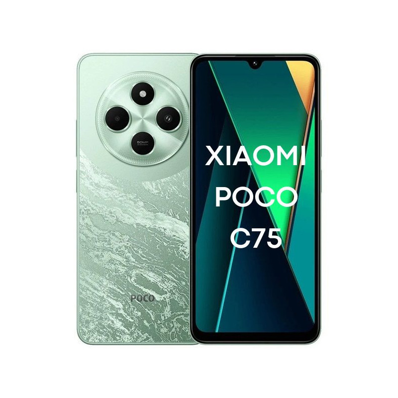 Xiaomi POCO C75 in green with 8GB RAM and 256GB storage, featuring a 6.88-inch display with 120Hz refresh rate, powered by MediaTek Helio G81 processor, includes a 50MP AI dual camera and a 13MP front