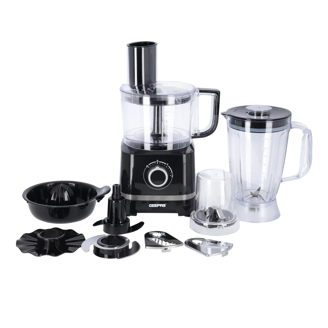 Geepas 10-in-1 Food Processor GSB5487 comes with an 800W strong motor. It has clear jars and stainless steel blades. It offers two speed settings along with a pulse function