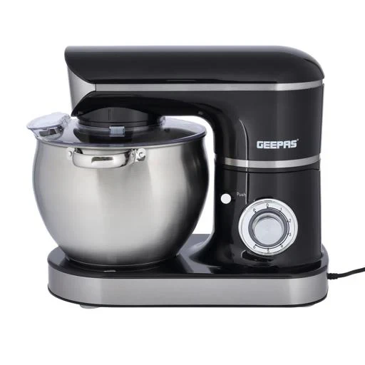 Geepas Kitchen Machine GSM43040, 8.5-liter stainless steel bowl stand mixer with a 1500W strong motor, 6-speed control, durable ABS body, and 3 mixing attachments.