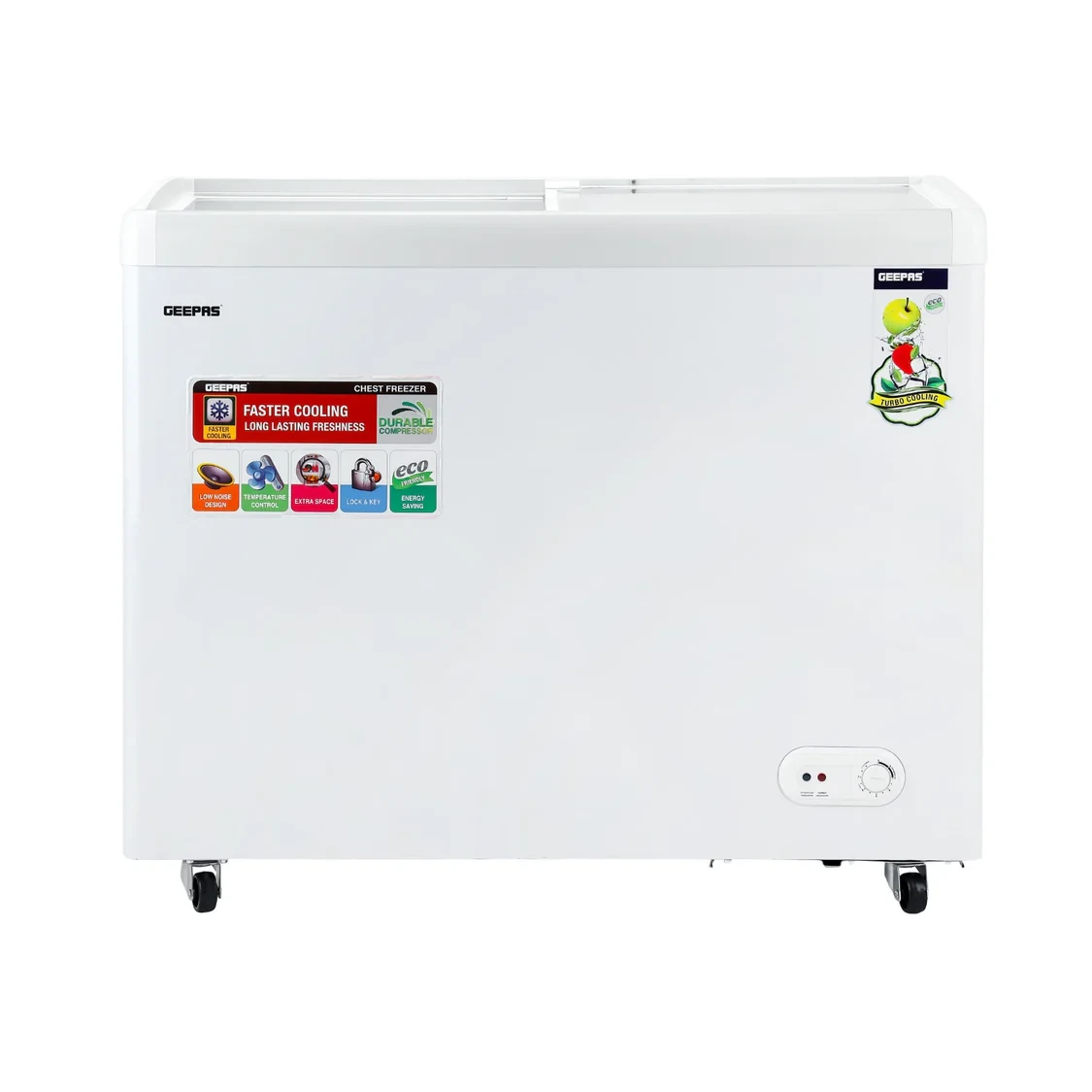 Geepas GCF3523SG casket Show Freezer 360L Convertible Freezer & Fridge malleable Thermostat Sliding Glass Doors Fast indurating Function Cinch & crucial