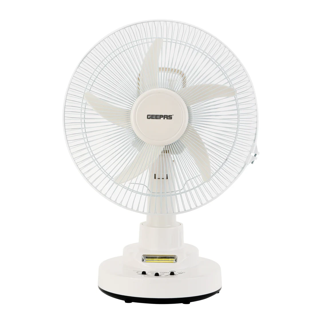 Geepas GF21118 is a rechargeable 12-inch oscillating fan with three speed settings. It also features an LED light and offers a long battery life. The fan is portable and can be used both indoors and o