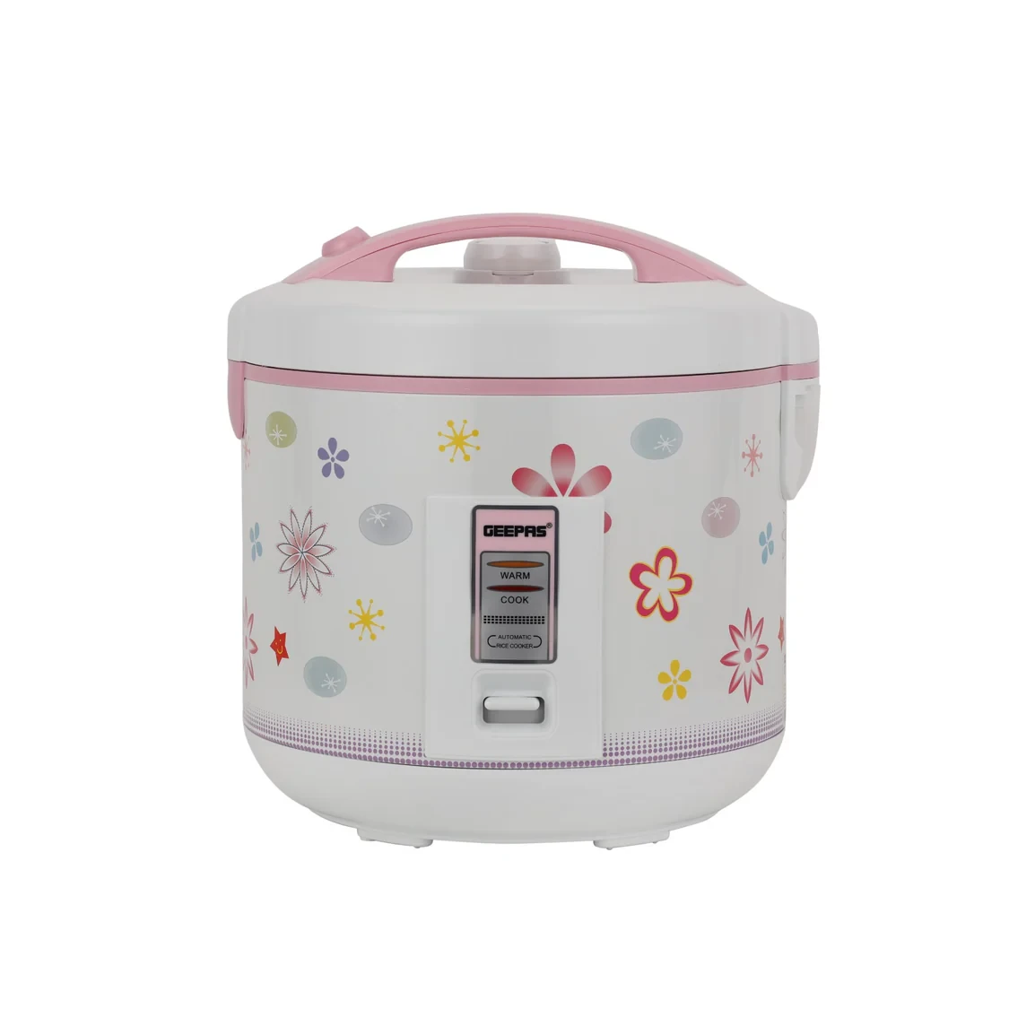 Geepas GRC35023 3.2L Automatic Rice Cooker with Cook, Steam, and Keep Warm functions, featuring a non-stick inner pot, detachable cord, and includes a measuring cup and spoon, available in white.