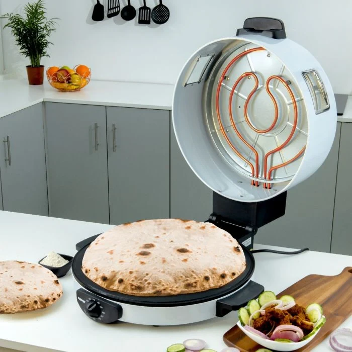 Geepas GBM63037 Arabic Bread Maker features a 40cm large non-stick baking plate, adjustable temperature control, and cool-touch handles. It's perfect for making Arabic bread, pita, and flatbreads.