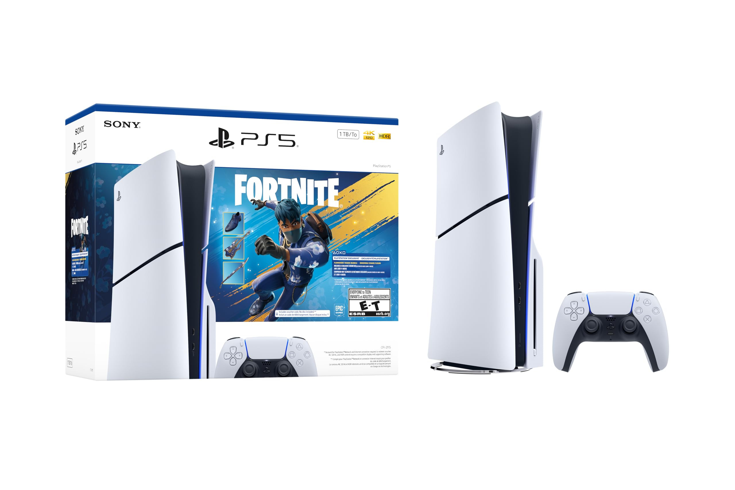 PlayStation 5 Disc Slim Console from 2023, including the Fortnite game pack, Middle East version, with 1TB SSD storage, 4K gaming capability, and a DualSense controller.