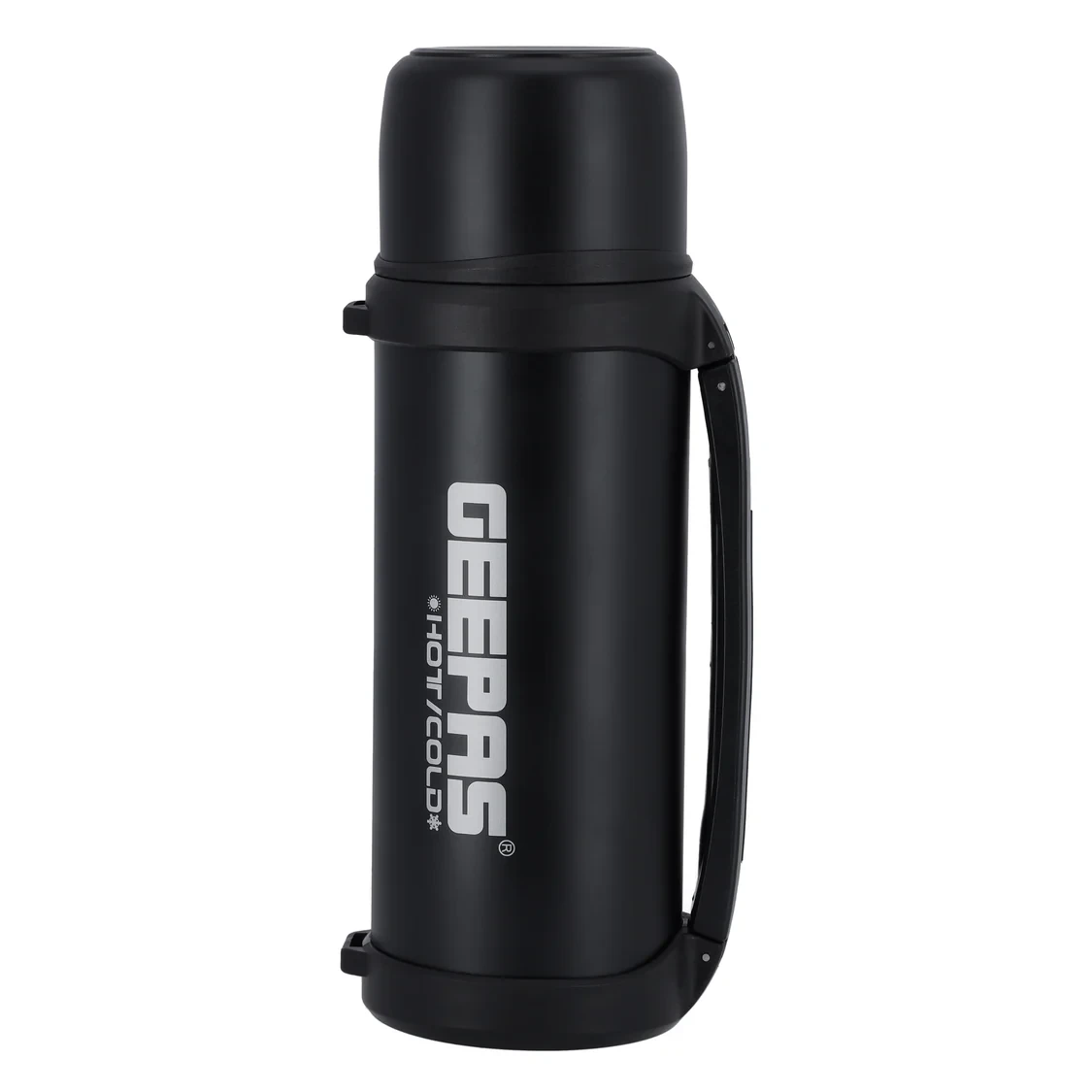 Geepas GSVB4113 Stainless Steel Vacuum Flask with 2.2 liters capacity, double wall insulation for keeping drinks hot or cold, leak-proof design, perfect for use at home, work, or while traveling.