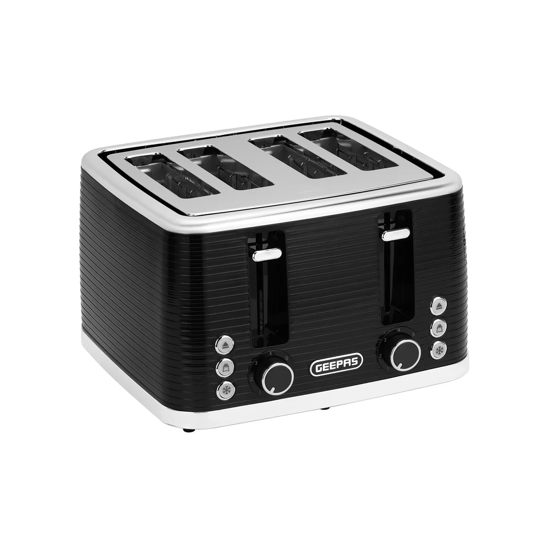 Geepas GBT36537 4-Slice Bread Toaster with 1350-1600W power, variable browning control, dual control panels, and features like cancel, defrost, and reheat.
