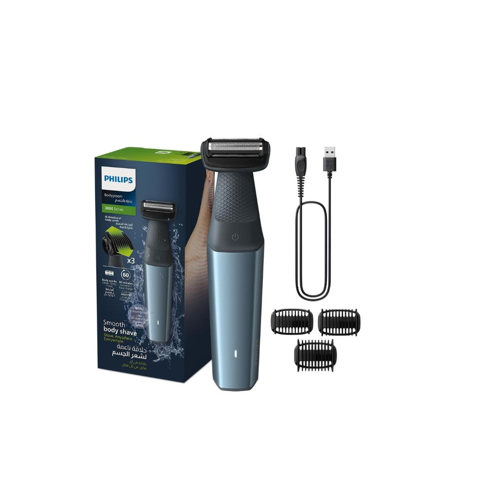 Bodygroom BG3027/03,Showerproof Groin & Body Trimmer,Body Shaver, 3-Length Combs,60min Cordless, Skin Protection, Ergonomic Grip Blue/Grey