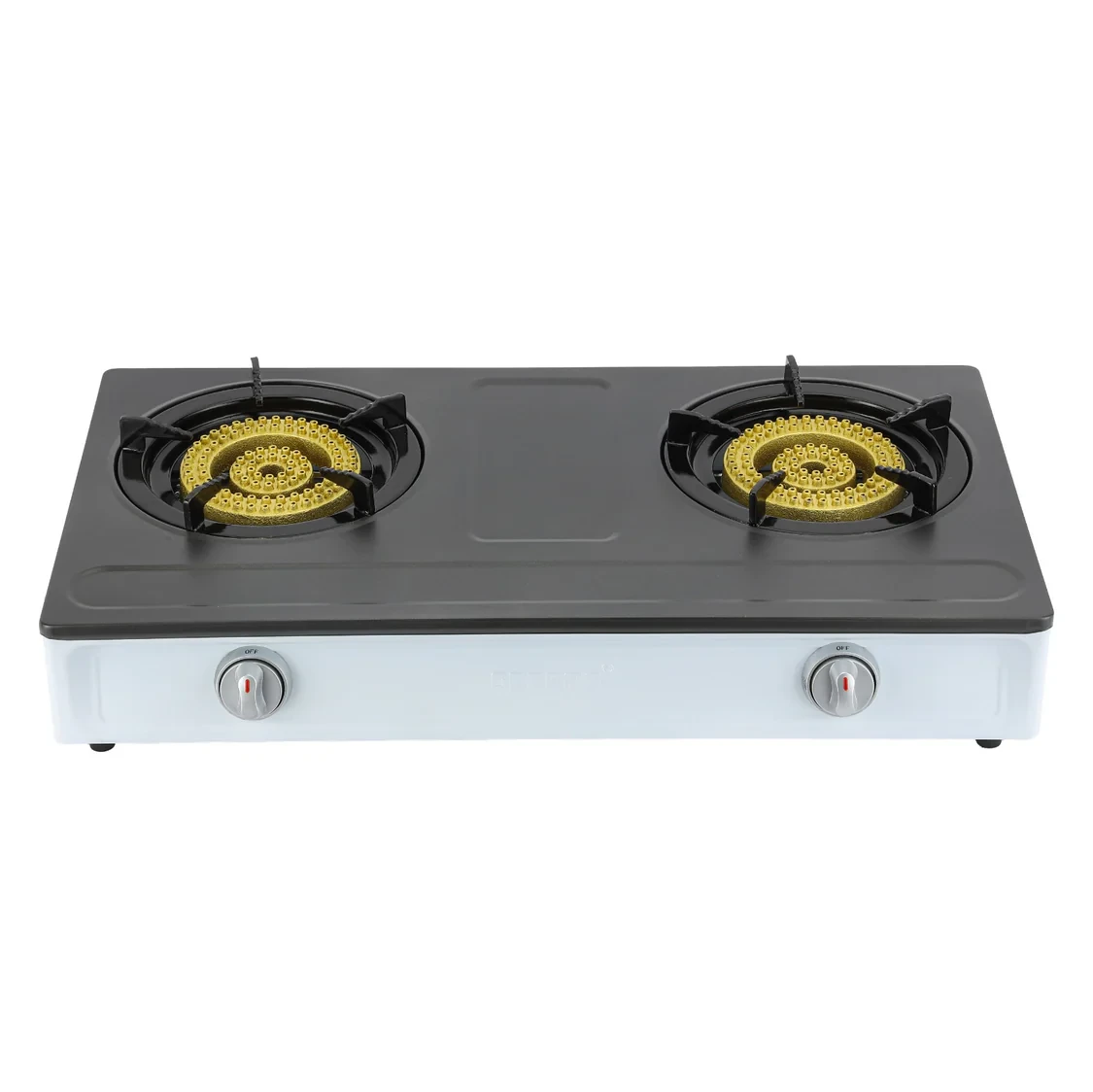 Geepas Stainless Steel Gas Cooker GGC31049 has two cast iron burners, uses low gas, saves 60% energy, features auto ignition, is an LPG stovetop, comes in silver and black, and is durable.