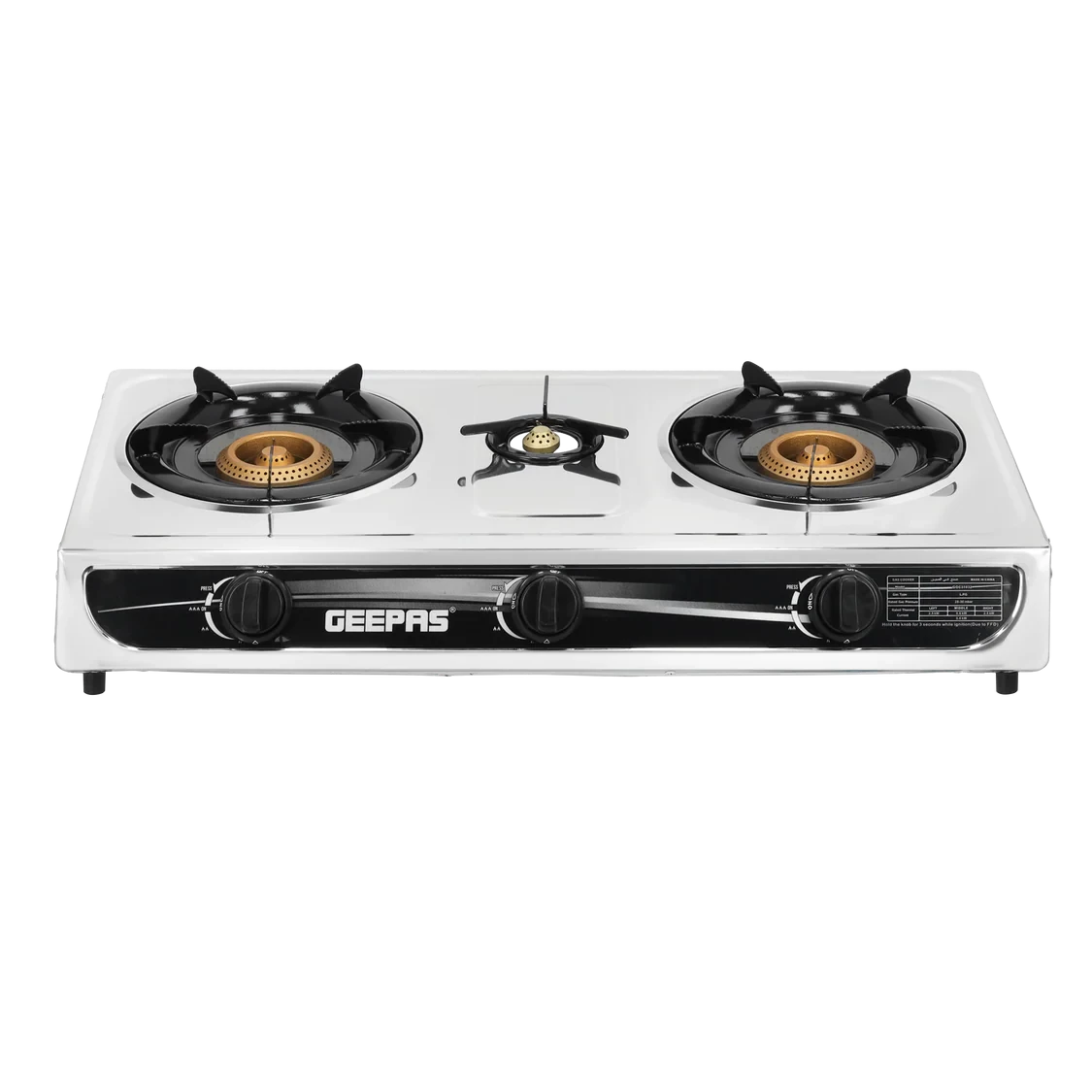 Geepas GGC31032 stainless steel gas cooker with two burners, features auto piezo ignition, flame failure safety system, cast iron mixing tube, low gas consumption, and durable design.