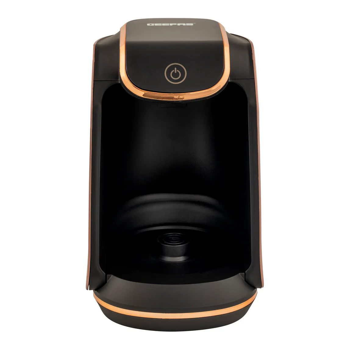 Geepas Turkish Coffee Maker GCM41517, 400W power, 4-cup capacity, stainless steel heating plate, overflow prevention, sound alarm and safety protection.