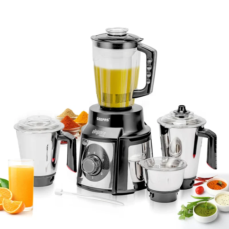 Geepas 5-in-1 Mixer Grinder GSB5457N comes with a 1000W copper motor, stainless steel jars, a modern look, sharp blades, a strong body, and jars of different sizes 1.5 liters, 1 liter, and 450 millili