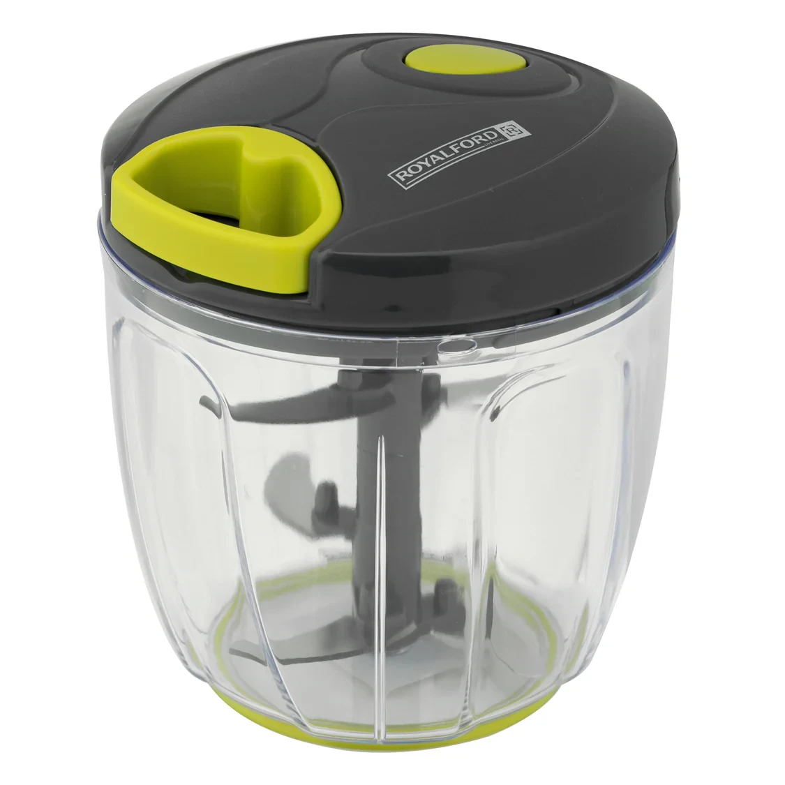 Royalford RF9785 Multi-Purpose Pull Chopper with a 900ml capacity, featuring 5 stainless steel blades, a durable ABS handle, and a BPA-free PP lid. It also includes an egg beater attachment and is a m