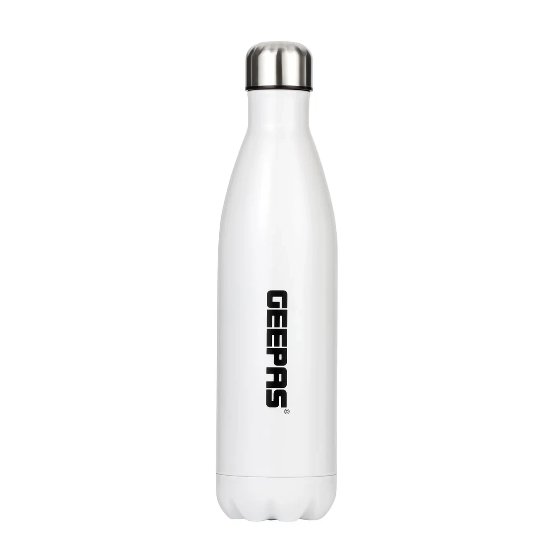 Geepas GVF27020 Stainless Steel Vacuum Flask with a 750ml capacity. It uses double wall insulation to keep drinks hot or cold for up to 24 hours. The flask is leak-proof and has a stylish design.