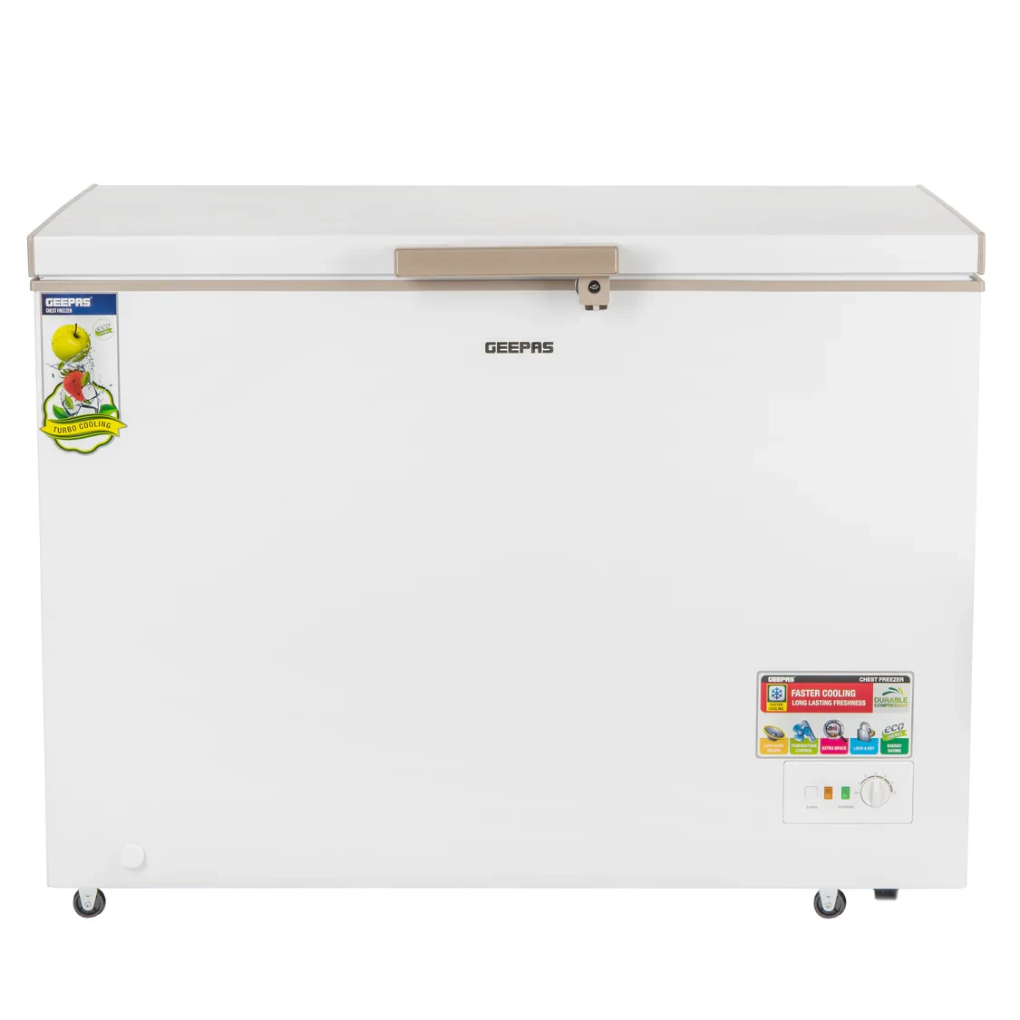 Geepas GCF4106WAH casket Freezer 410L Capacity 180W Power Effective Freezer LED Light Lock & Key malleable Thermostat High- effectiveness Cooling