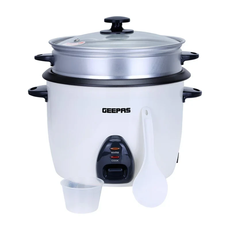 Geepas Automatic Rice Cooker GRC4326 with a 2.2-liter capacity, offering three-in-one functions cooking, steaming, and keeping food warm. It features a non-stick inner pot that is easy to clean and bu