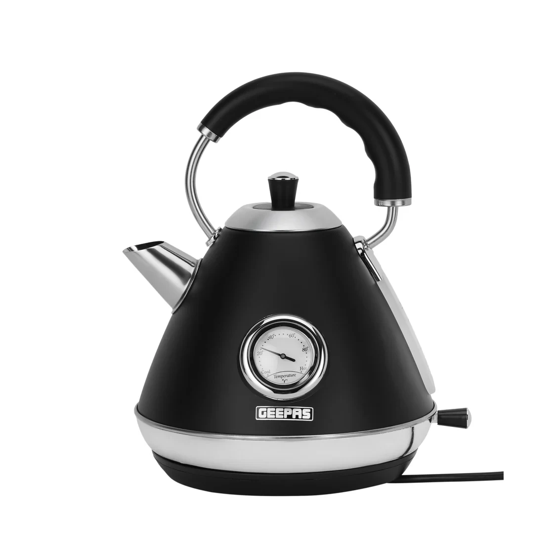 Geepas GK38073UK-BK Stainless Steel Cordless Kettle with powerful 3000W heating, 1.7L large capacity, boil-dry protection, auto shut-off feature, and a 360-degree rotating base design.