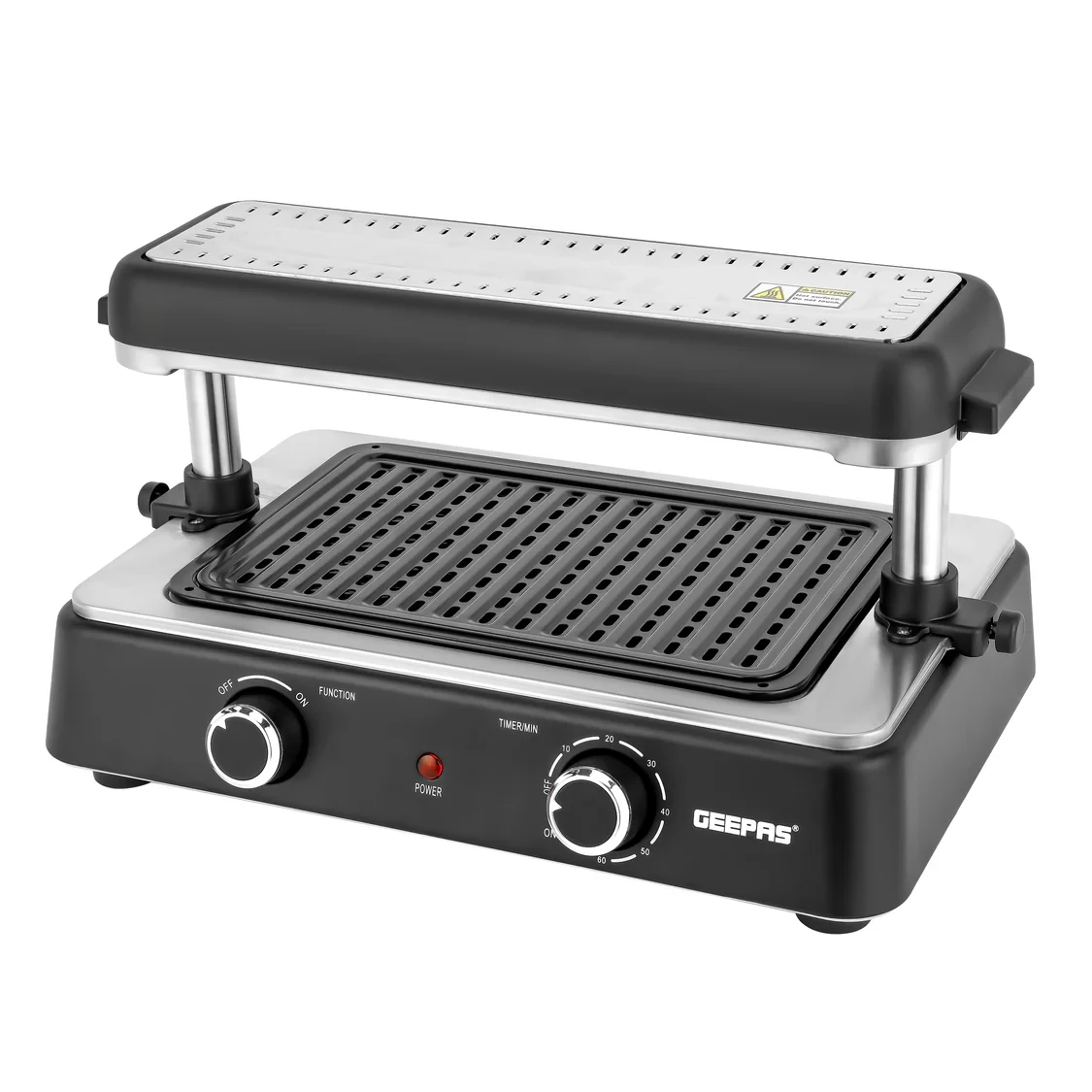 Geepas Fast Indoor Grill - GBG63060 with thermostat control, drip tray for easy cleaning, ideal for cooking sizzling steaks and searing vegetables, in black color.