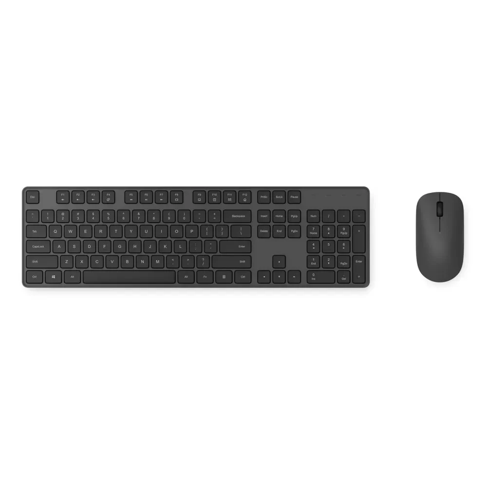 Xiaomi Wireless Keyboard and Mouse Combo in black features a 2.4GHz connection for reliable performance, quiet keys for less noise, an ergonomic design for comfortable use, and a long battery life for