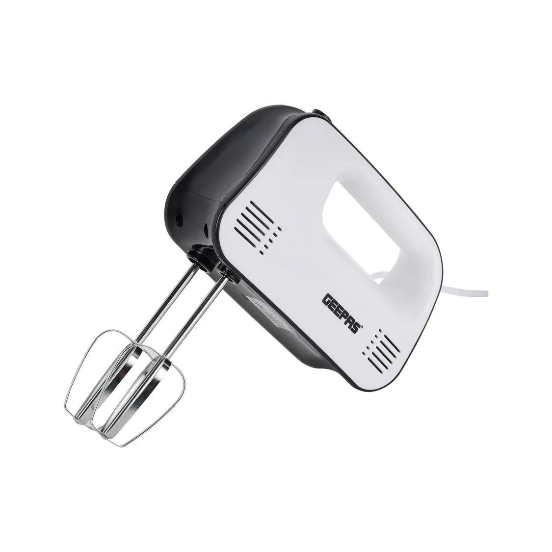 Geepas Hand Mixer GHM43030 with 150 watts power, 3 speed settings, an eject button, and overheating protection. Comes with two attachments hooks and beaters. Available in black and white.