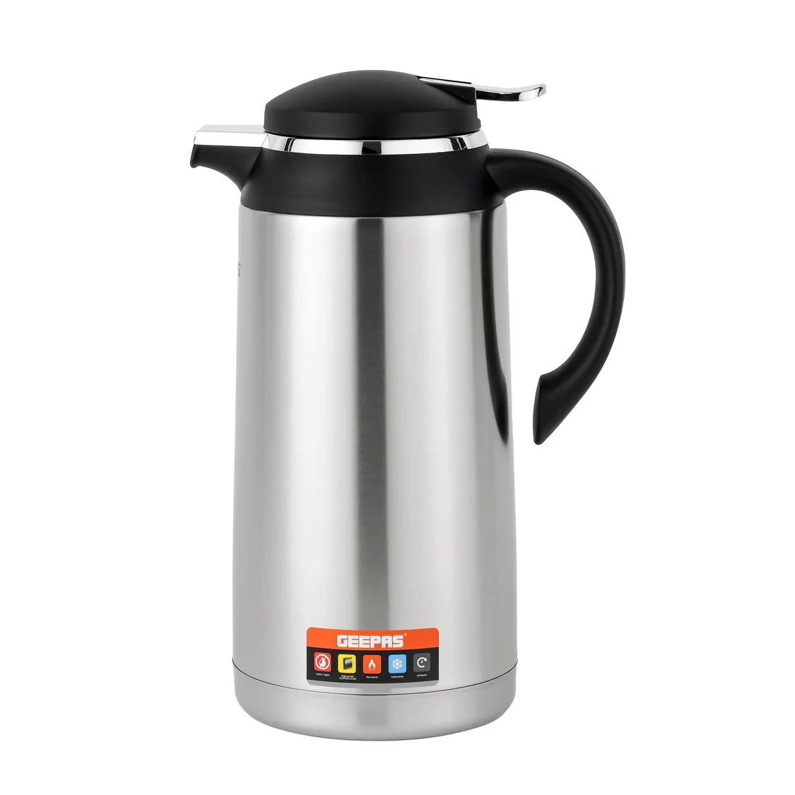 Geepas GVF27025 Stainless Steel Vacuum Flask with 1.9L capacity, double wall insulation to keep drinks hot or cold for up to 24 hours, and easy to clean design.