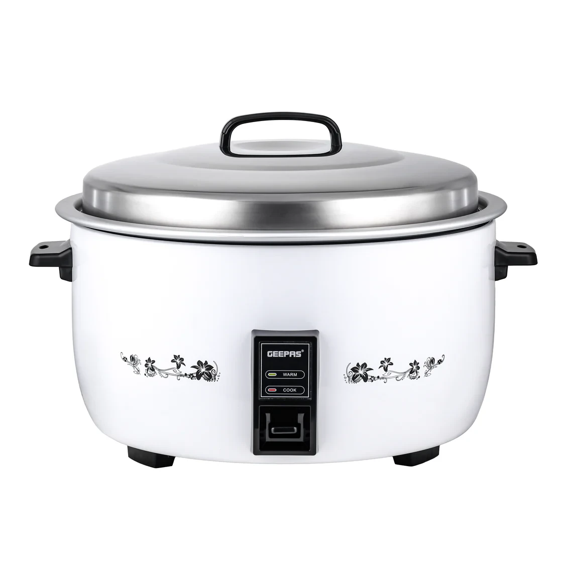 Geepas Commercial Rice Cooker GRC4323 with a 10-liter capacity, 2800W power, cook and keep warm function, durable aluminum inner pot, and stainless steel lid.