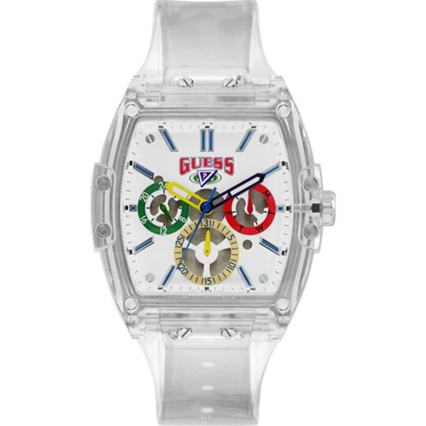 Guess Men's Quartz Watch with Clear Silicone Strap and White Dial, 43mm, Model V1051M1