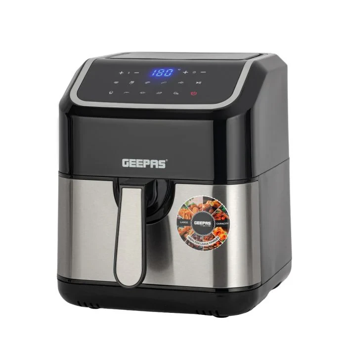 Geepas Digital Air Fryer GAF37527UK with a 5.0L capacity, featuring Vortex Technology, a digital display, a 60-minute timer, temperature control ranging from 50 to 200 degrees Celsius, and a multifunc