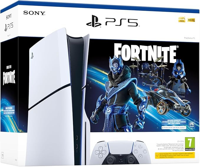 PS5 Standard Edition Fortnite Bundle includes the PlayStation 5 console with a 1TB SSD, 4K gaming capabilities, and a DualSense Wireless Controller.