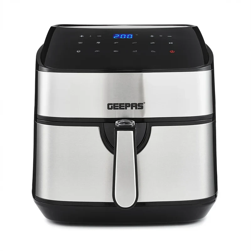 The Geepas Digital Air Fryer GAF37530UK has a 7.5-liter capacity and uses Vortex Technology. It features 10 preset cooking modes, a digital touch screen, an adjustable timer, and temperature control.