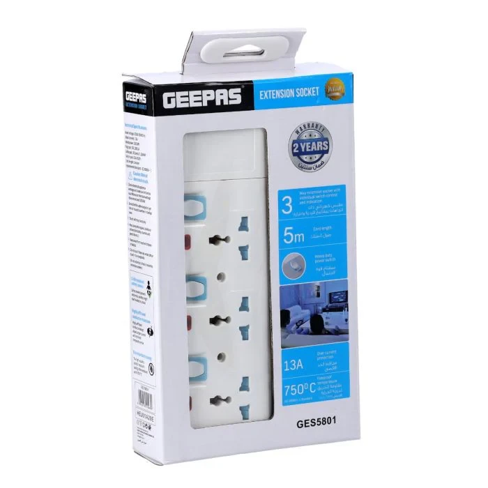Geepas 3 Way Extension Socket 13A – An extension lead strip that has LED lights to show when it's working. It's safe for kids, has a very long cable, and protects against too much electricity. It's gr